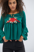 Смарагдова блуза з рюшами в етнічному стилі 27952, Колір: Смарагдовий, Розмір: XS