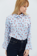 Шифонова блакитна блуза в квіточку 27447, Колір: Блакитний, Розмір: XS
