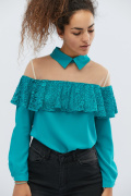 Бірюзова блузка з рюшею 32527, Колір: Бірюзовий, Розмір: XS