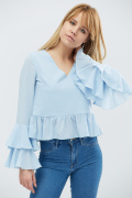 Однотонная голубая блузка с рюшами 27401, Цвет: Голубой, Размер: S