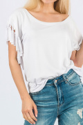 Біла жіноча футболка оверсайз з бахромою 58033, Колір: Білий, Розмір: XS