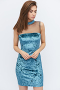 Велюровое мини платье с чокером 32772, Цвет: Морская волна, Размер: XS