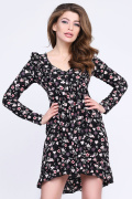 Чёрное платье в цветочек с рюшами 35307, Цвет: Черный, Размер: XS