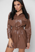 Коротка сукня-сорочка з еко-шкіри колір коричневий 38295, Колір: Коричневий, Розмір: XS