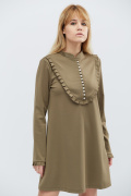 Свободное платье с длинным рукавом и рюшами 32322, Цвет: Хаки, Размер: XS