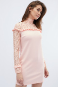 Короткое платье с гипюром и рюшами цвета персик 32789, Цвет: Персиковий, Размер: XS