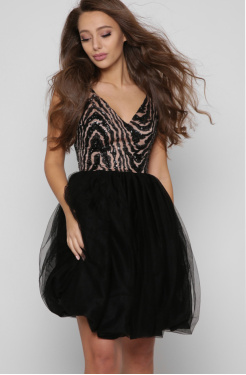 Черное платье баллон с пайетками 36335, Цвет: Черный, Размер: XS, изображение 2