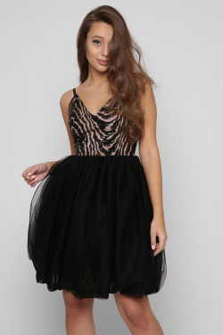 Чорна сукня балон з паєтками 36335, Колір: Чорний, Розмір: XS