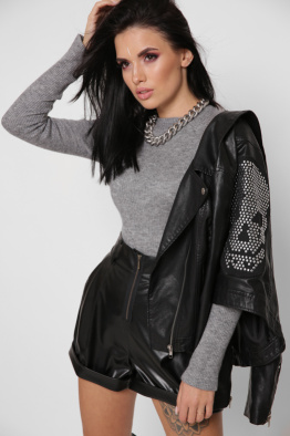 Чорні шкіряні шорти на резинці 38301, Колір: Чорний, Розмір: XS, зображення 3