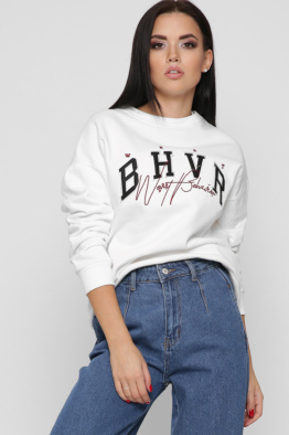 Широкий белый свитшот с вышивкой 38652, Цвет: Белый, Размер: L, изображение 4