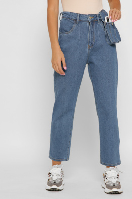 Синие джинсы мом с сумкой на поясе 37991, Цвет: Синий, Размер: 28, изображение 3