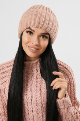 Жіноча трикотажна шапка з відворотом колір пудра 38327, Колір: Пудровий, Розмір: ONE SIZE