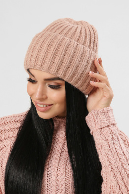 Женская трикотажная шапка с отворотом цвет пудра 38327, Цвет: Пудровый, Размер: ONE SIZE, изображение 2