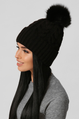 Жіноча шапка з помпоном колір чорний 38333, Колір: Чорний, Розмір: ONE SIZE, зображення 2