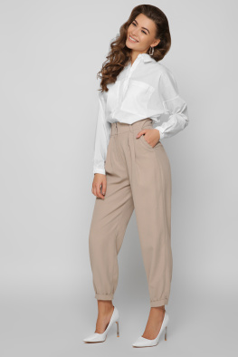 Жіночі бежеві брюки з оксамитовим ефектом 37408, Колір: Бежевий, Розмір: XS, зображення 4
