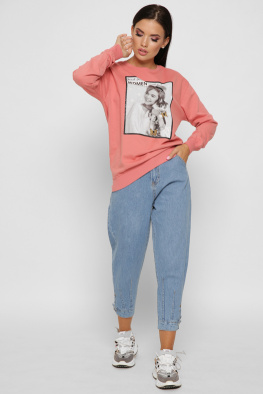 Женский свитшот с бисером Девушка с котом цвет коралл 38000, Цвет: Корал, Размер: L, изображение 2