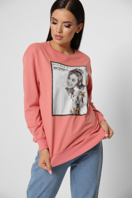 Женский свитшот с бисером Девушка с котом цвет коралл 38000, Цвет: Корал, Размер: L, изображение 3