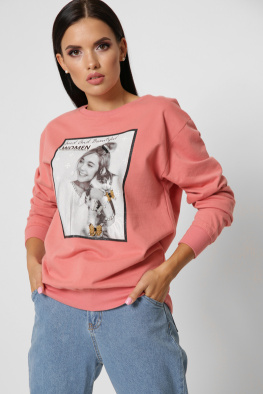 Женский свитшот с бисером Девушка с котом цвет коралл 38000, Цвет: Корал, Размер: L, изображение 5