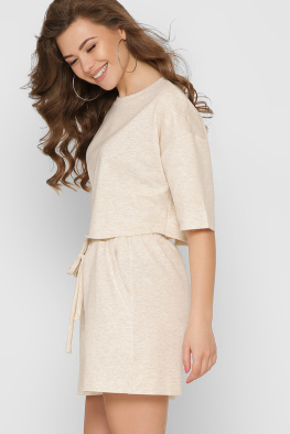 Літній костюм з кроп-топу та шорт колір бежевий 48797, Колір: Бежевий, Розмір: XS, зображення 3