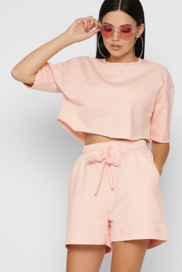 Літній костюм з кроп-топу та шорт колір пудра 48799, Колір: Персиковий, Розмір: XS, зображення 2