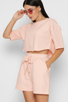 Літній костюм з кроп-топу та шорт колір пудра 48799, Колір: Персиковий, Розмір: XS, зображення 3