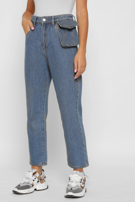 Синие джинсы мом с сумкой на поясе 37991, Цвет: Синий, Размер: 28