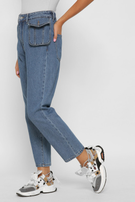 Синие джинсы мом с сумкой на поясе 37991, Цвет: Синий, Размер: 28, изображение 2