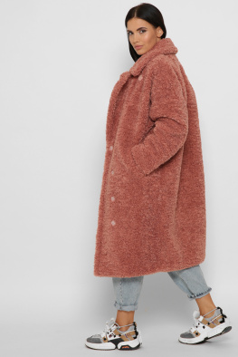 Длинная женская эко шуба с поясом цвет пудра 37979, Цвет: Пудровый, Размер: L, изображение 4