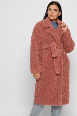 Длинная женская эко шуба с поясом цвет пудра 37979, Цвет: Пудровый, Размер: L, изображение 5