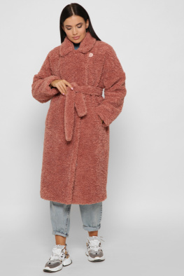 Длинная женская эко шуба с поясом цвет пудра 37979, Цвет: Пудровый, Размер: L, изображение 6