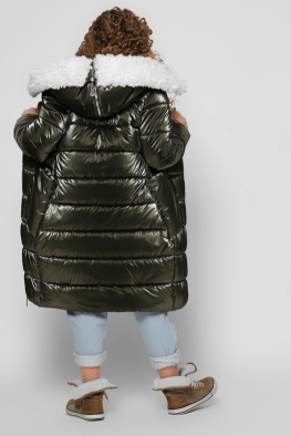 Лаковый зеленый пуховик с капюшоном из каракуля 36893, Цвет: Хаки, Размер: 116, изображение 2