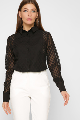 Черная блуза в горох с прозрачными вставками 36940, Цвет: Черный, Размер: XS