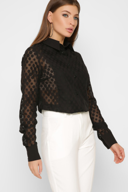 Черная блуза в горох с прозрачными вставками 36940, Цвет: Черный, Размер: XS, изображение 2