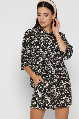 Черный летний костюм с цветочным узором 48815, Цвет: Черный, Размер: S