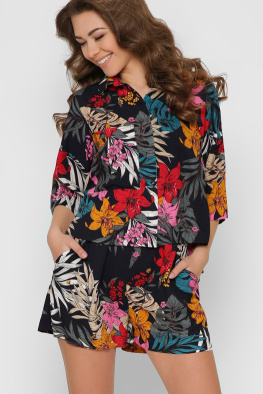 Синий летний костюм с тропическим принтом 48814, Цвет: Темно-синий, Размер: XS