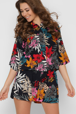 Синій літній костюм із тропічним принтом 48814, Колір: Темно-синій, Розмір: XS, зображення 2