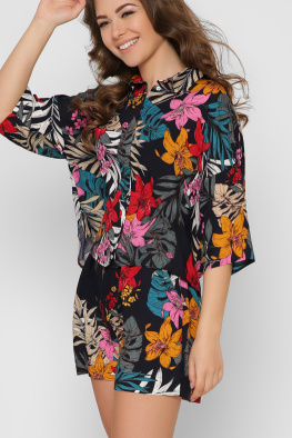 Синій літній костюм із тропічним принтом 48814, Колір: Темно-синій, Розмір: XS, зображення 3