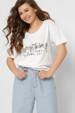 Женская белая футболка Standart со стразами и надписью Everything 57862, Цвет: Белый, Размер: S