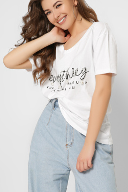 Жіноча біла футболка Standart зі стразами та написом Everything 57862, Колір: Білий, Розмір: S, зображення 2