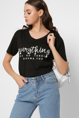 Женская черная футболка Standart со стразами и надписью Everything 57863, Цвет: Черный, Размер: S, изображение 2