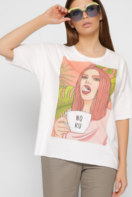 Женская футболка Standart с принтом Девушка с чашкой 57860, Цвет: Белый, Размер: XS