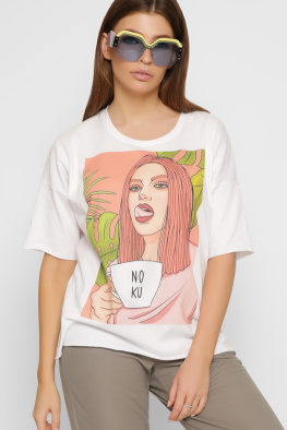 Женская футболка Standart с принтом Девушка с чашкой 57860, Цвет: Белый, Размер: XS, изображение 3