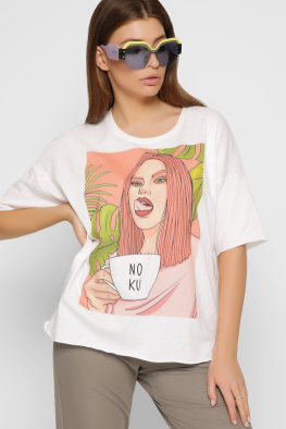 Женская футболка Standart с принтом Девушка с чашкой 57860, Цвет: Белый, Размер: XS, изображение 4