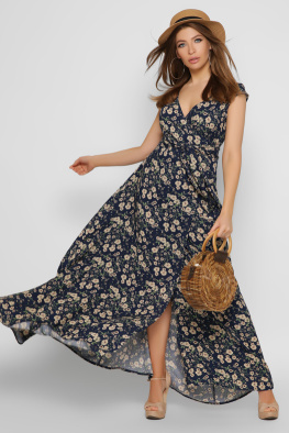 Синя сукня максі на запАх 37136, Колір: Синій, Розмір: L