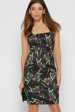 Чорна сукня міді з квітковим принтом 32779, Колір: Чорний, Розмір: XS, зображення 3