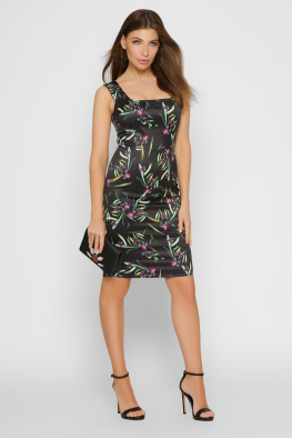 Чорна сукня міді з квітковим принтом 32779, Колір: Чорний, Розмір: XS, зображення 4