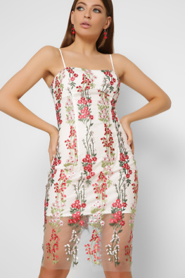 Сукня на бретелях із рослинною вишивкою 35505, Колір: Молочний, Розмір: XS, зображення 6
