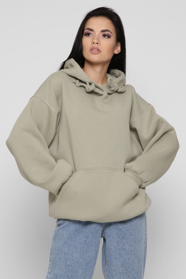 Женский оливковый худи oversize на флисе 38734, Цвет: Хаки, Размер: XS, изображение 2