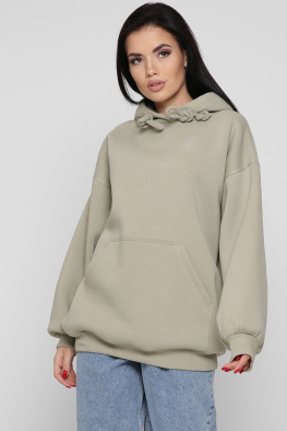 Женский оливковый худи oversize на флисе 38734, Цвет: Хаки, Размер: XS, изображение 5