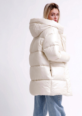 Женский бежевый пуховик с поясом 55677, Цвет: Бежевый, Размер: L, изображение 3